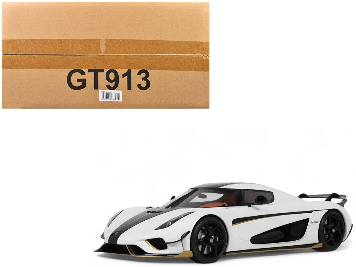 2023 Koenigsegg Regera White with Black Stripes 1/18 Model Car by GT Spirit
