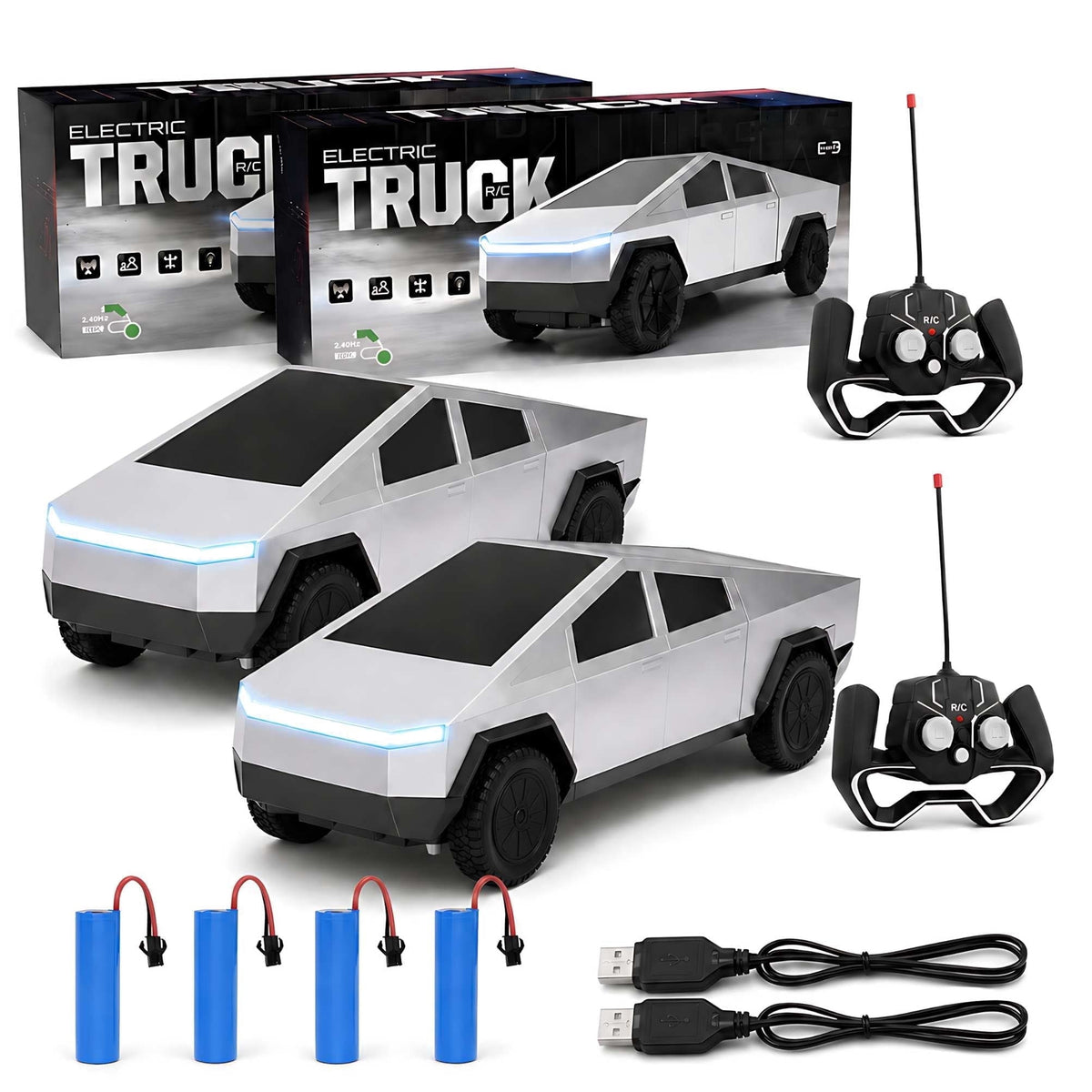 Cybertruck Remote Control Car 1:24 Scale RC Truck with LED Lights and Dual Rechargeable Batteries, Silver Electric Vehicle for Kids