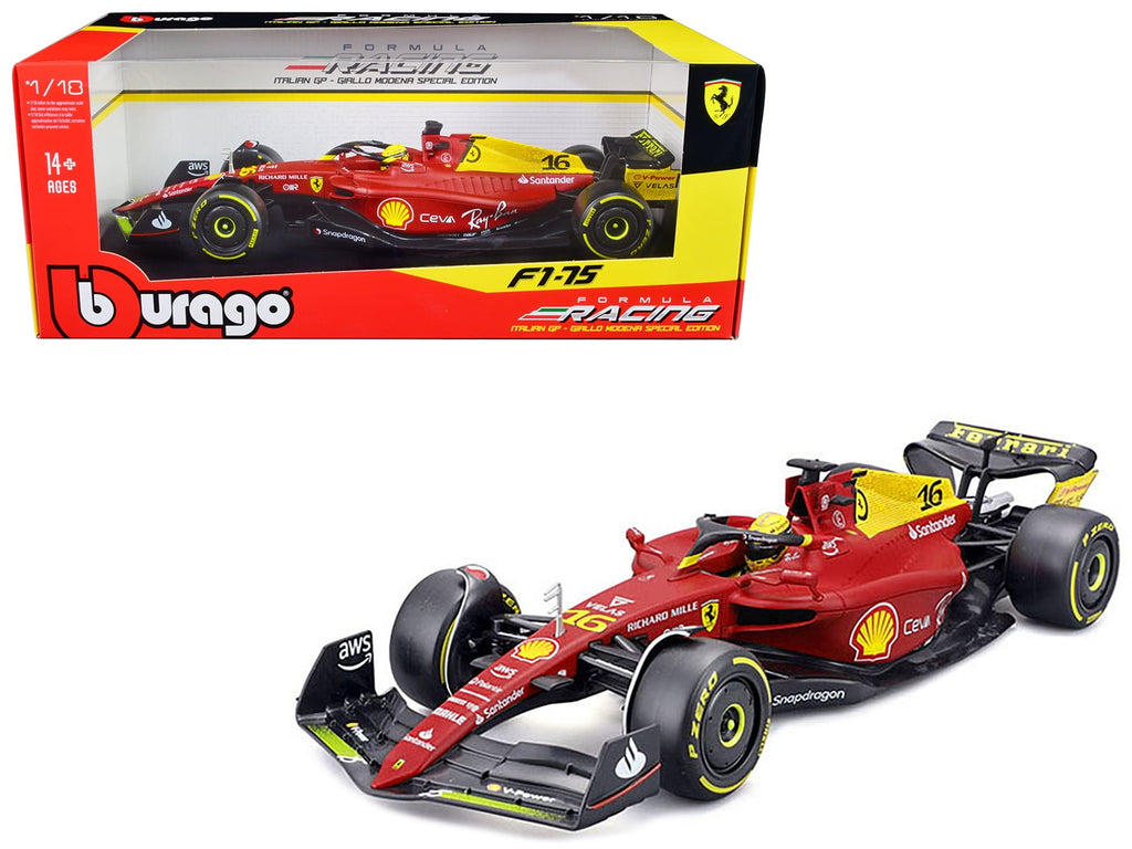Ferrari F1-75 #16 Leclerc "Giallo Modena" 2nd Place F1 Italian GP (2022) "Formula Racing" 1/18 Diecast Model Car by Bburago